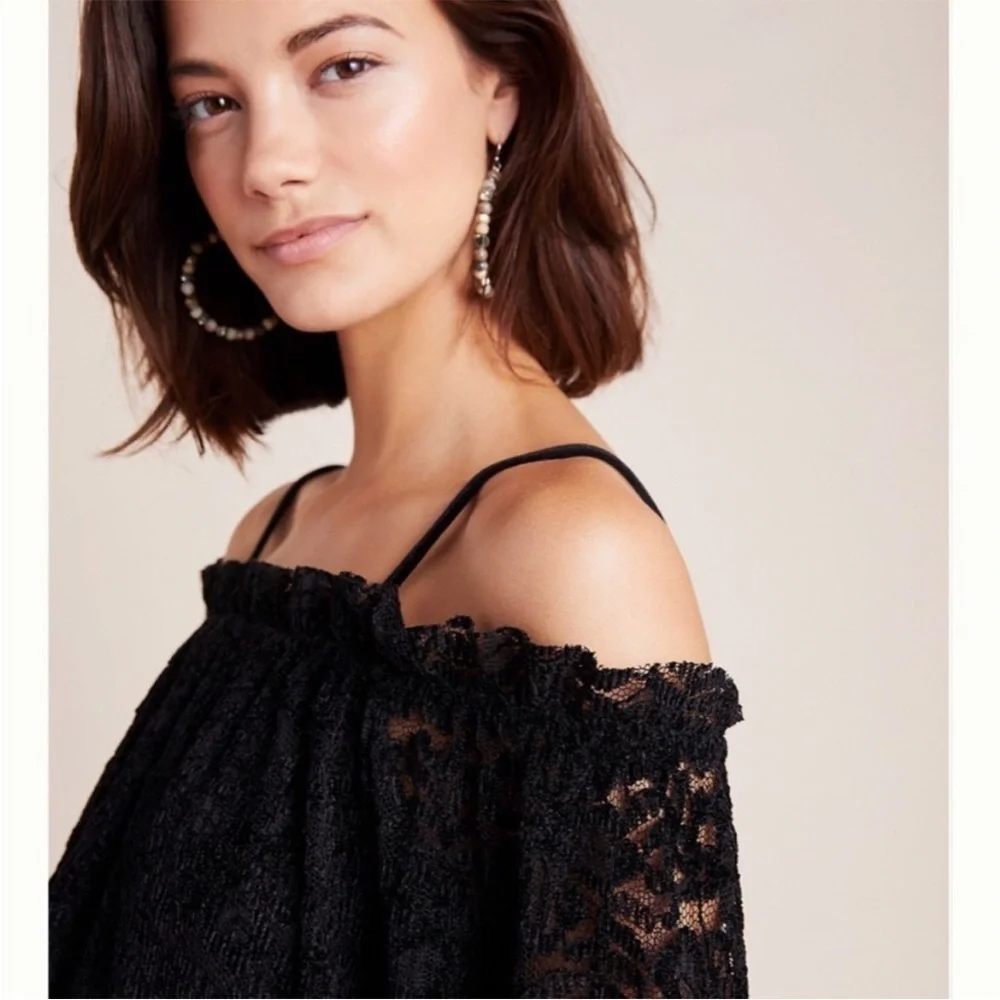Anthropologie Eri Ali Ramona Lace Off the Shoulder Top Black Long Sleeve M NEW